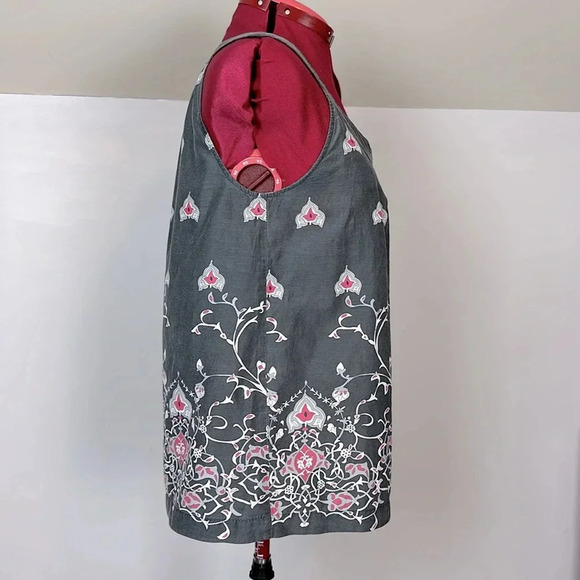 Part 2 silk blend, scoop neck sleeveless blouse, wide collar  band, border print - Picture 5 of 5